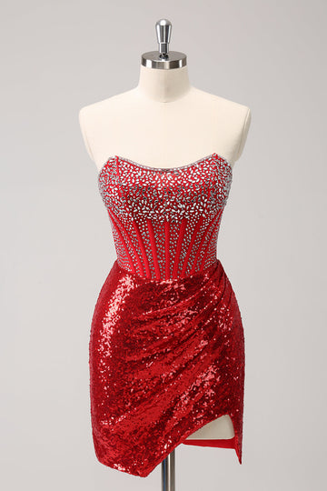 Vestido de fiesta corto ajustado con abertura corsé sin tirantes lentejuelas y cuentas en rojo brillante